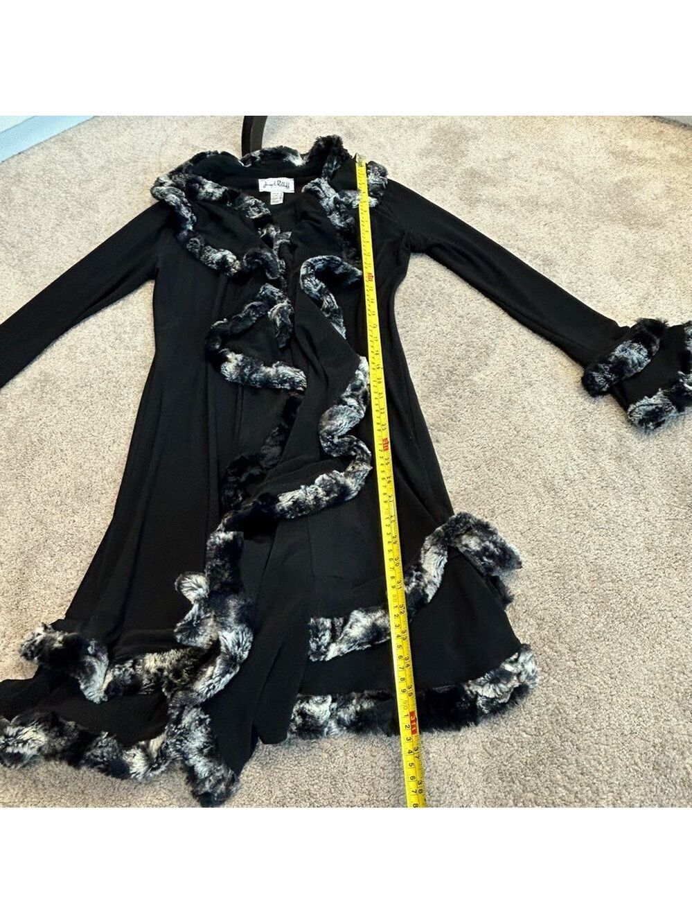 Joseph Ribkoff black ruffle faux fur trim duster cardigan Sz 6 open front - Picture 11 of 14